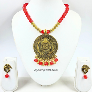 Red And Antique Beads With Antique Round Pendant Necklace