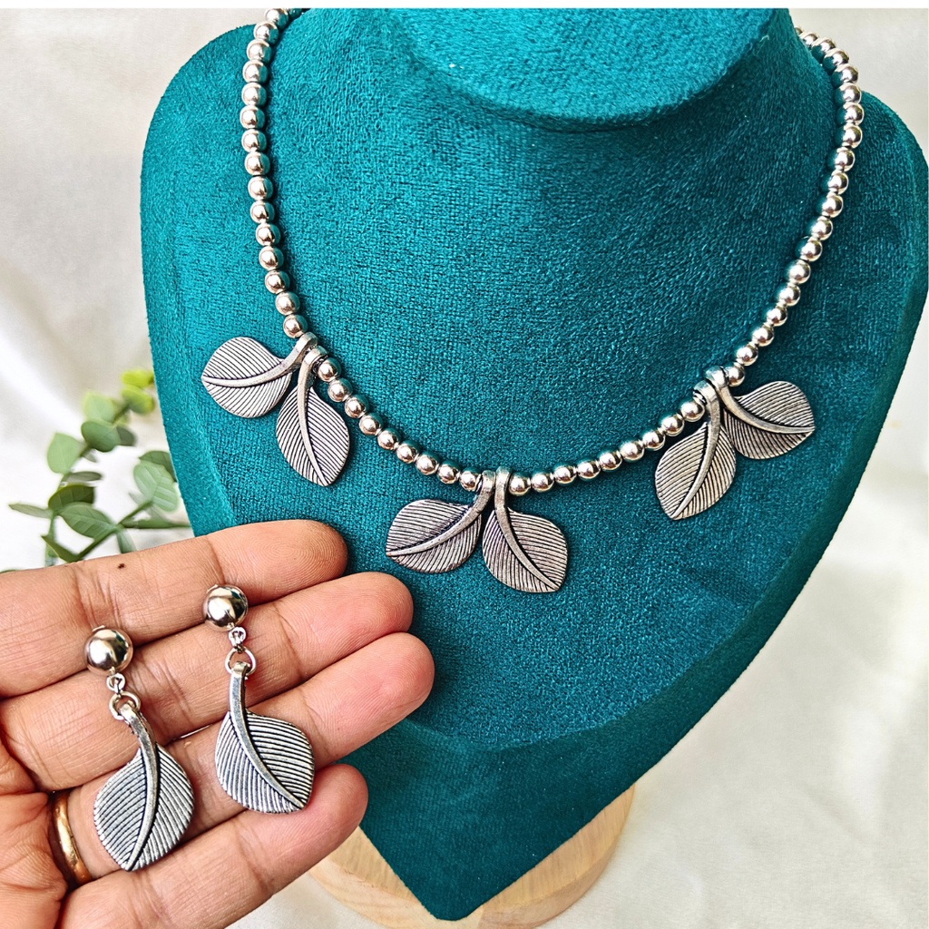 Silver Colour Beads With Leaf Shape Charms Oxidized Necklace