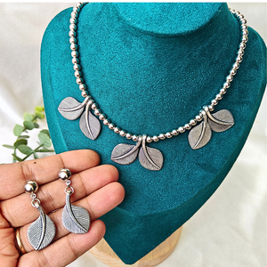 Silver Colour Beads With Leaf Shape Charms Oxidized Necklace