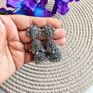 Anti Tarnish Peacock Stud With Double Layer Oxidized Jhumka Earrings