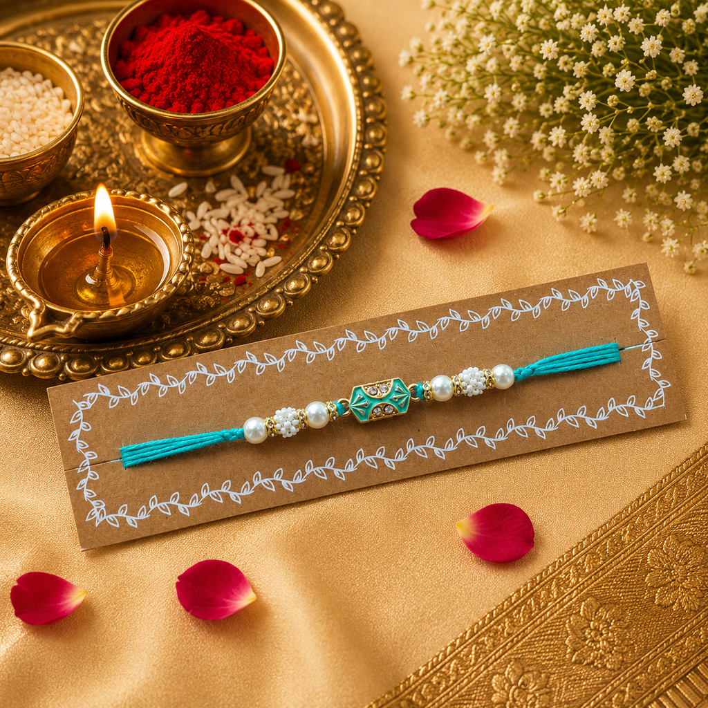 Sky Blue Thread, Pearl With Sky Blue Charm Rakhi