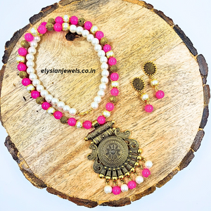 Pearl And Pink Beads With Antique Pendant Necklace