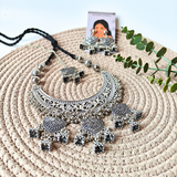 Oxidized Chand Shape Pendant, Oxidized Charms, Oxidized Jhumka With Black Cotton Dori Oxidized Necklace