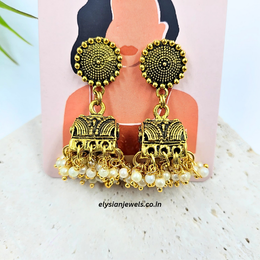 Golden Studs With Antique Jhumka Earring