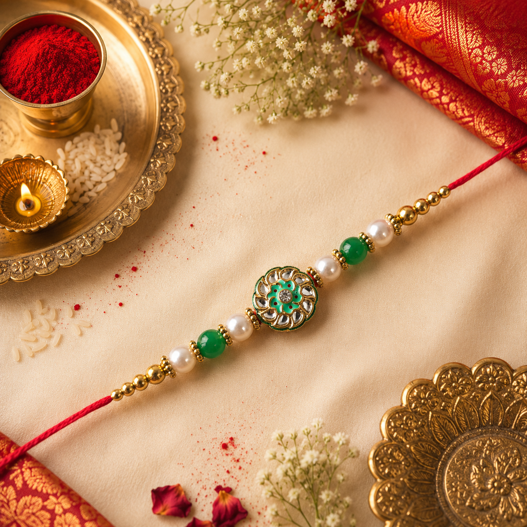 Red Thread, Pearl And Green Beads With Round Green Kundan Rakhi
