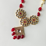 Maroon Tumble Beads With Flower Type Kundan And Square A D Kundan Necklace