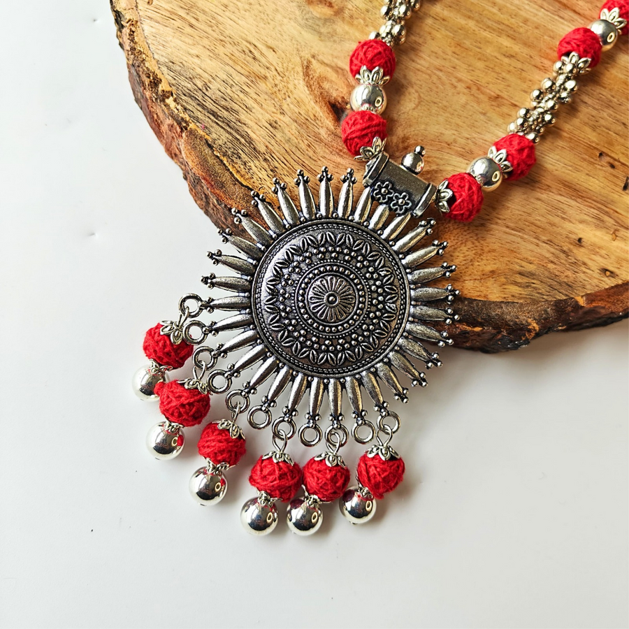 Red Cotton Beads With Oxidized Pendant Necklace