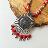Red Cotton Beads With Oxidized Pendant Necklace