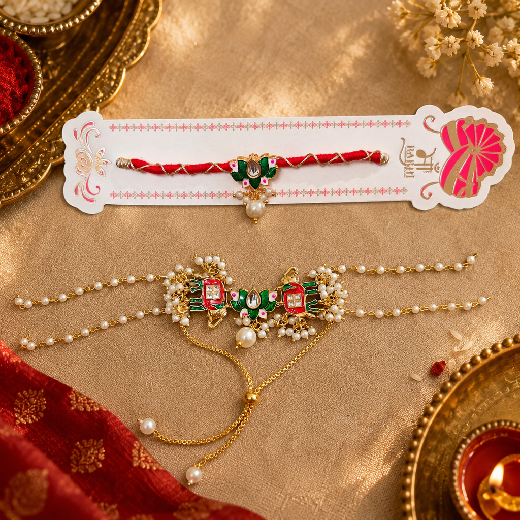 White, Red Thread With Lotus Kundan & Elephant Kundan Bhaiya Bhabhi Rakhi