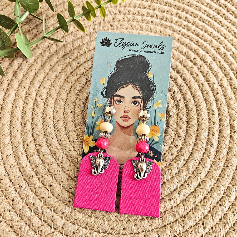 Elephant Charm, Wooden Beads With Pink Fabric Earring