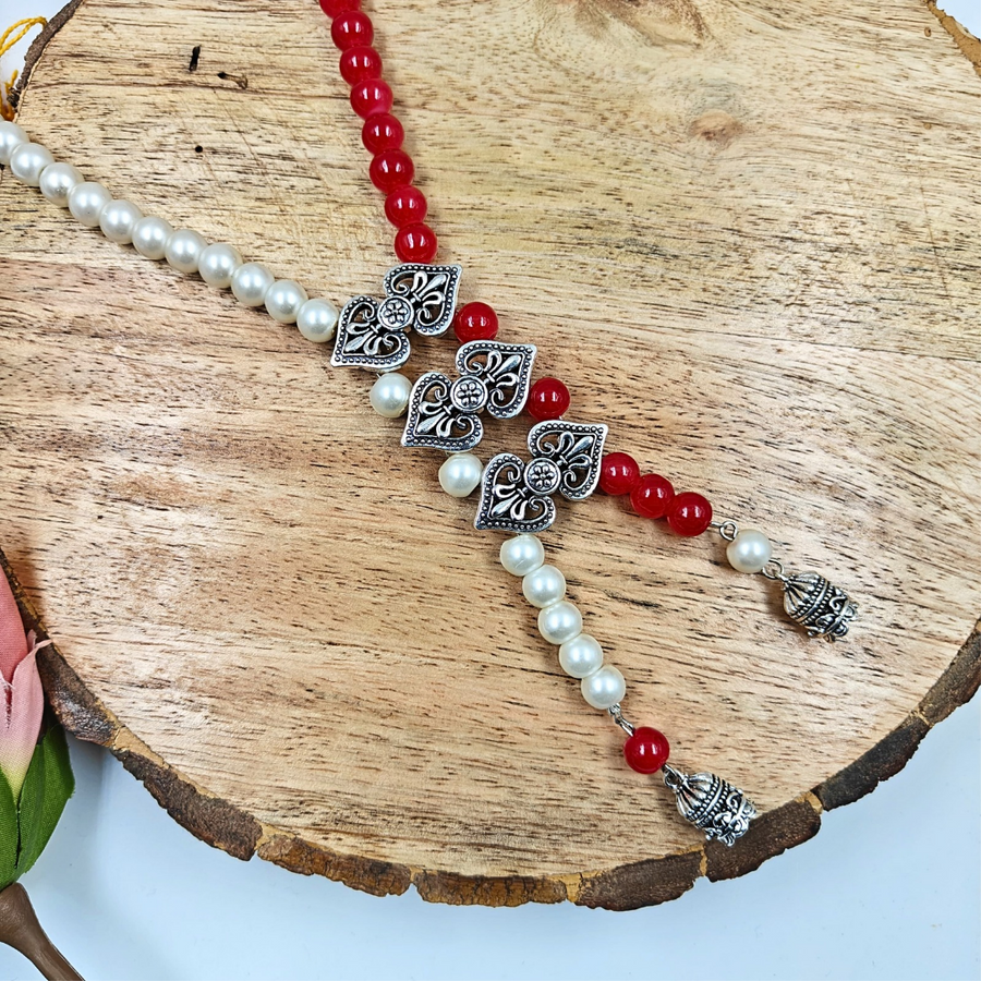 White Pearl & Red Beads With Oxidized Charms Necklace