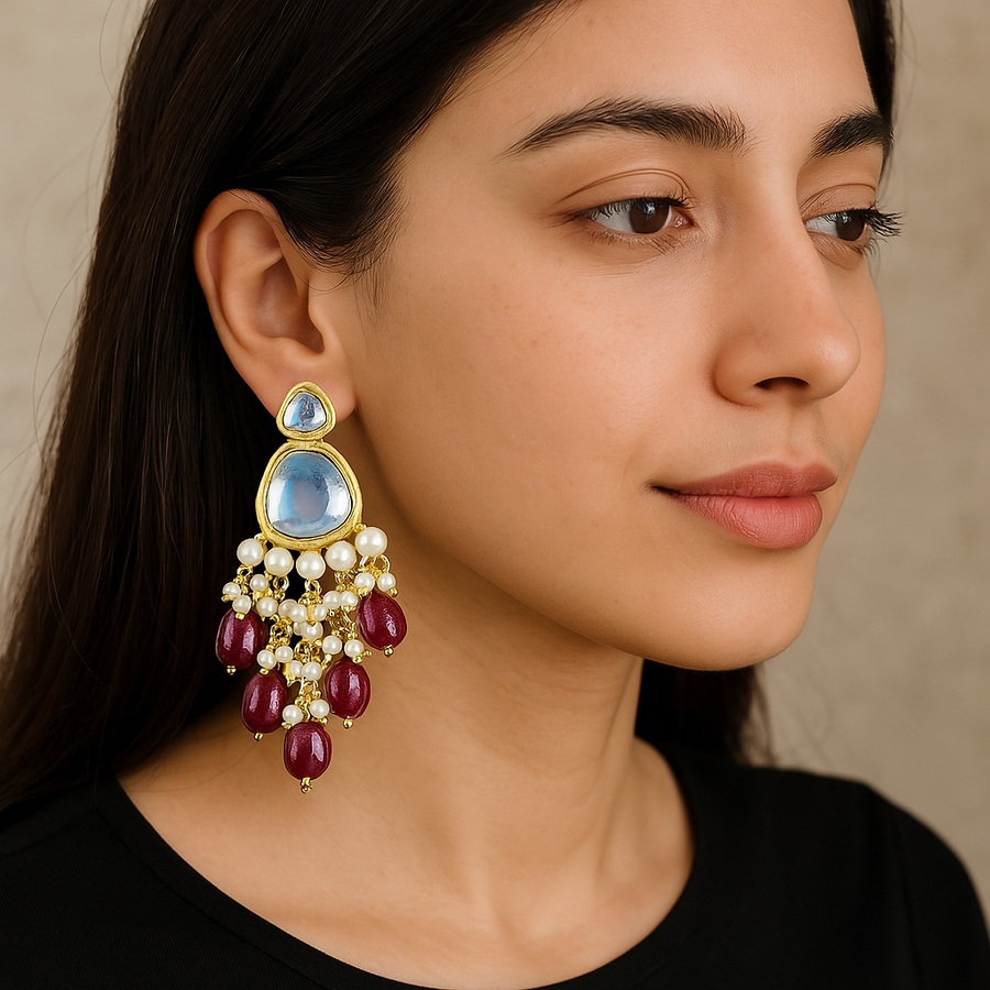 Maroon Tumble Beads With Triangle Kundan Earring