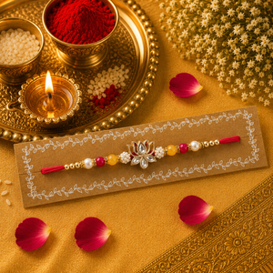Red Thread, Pearl, Yellow, Red Beads With Lotus Kundan Rakhi