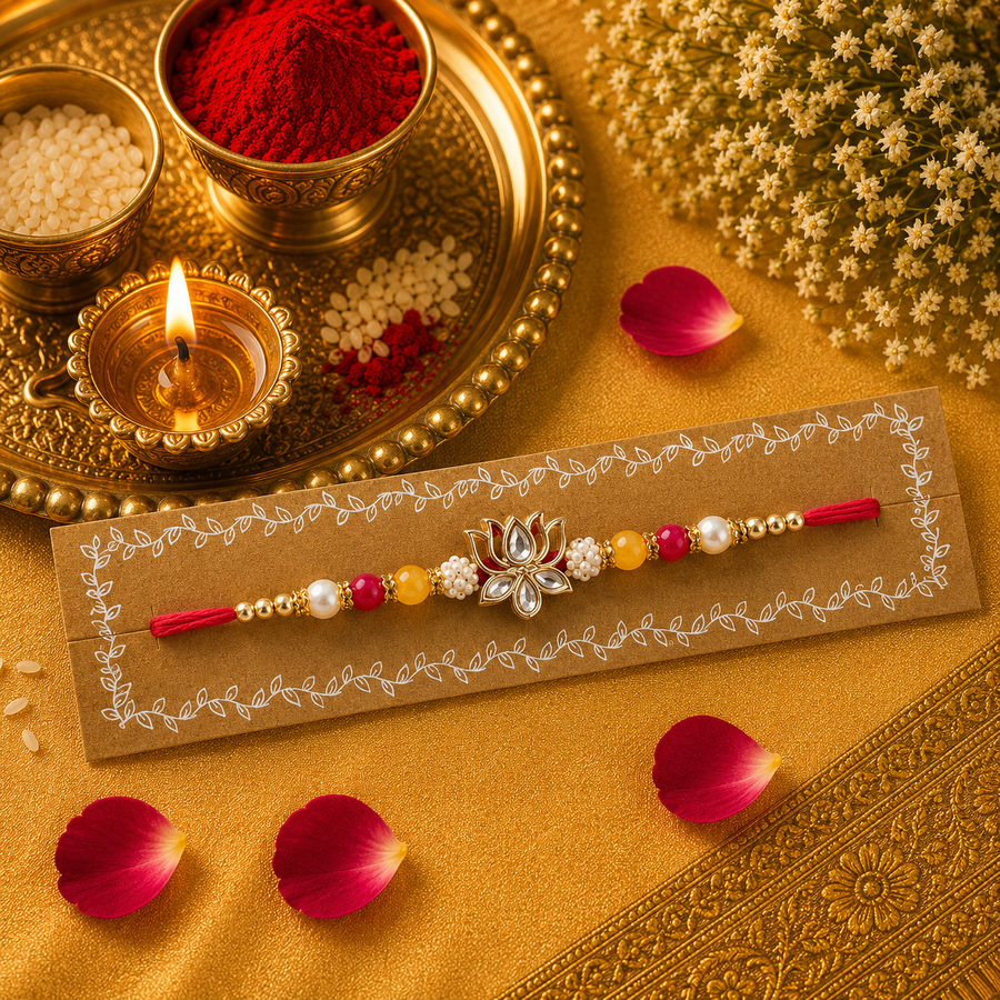 Red Thread, Pearl, Yellow, Red Beads With Lotus Kundan Rakhi