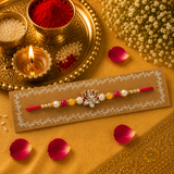 Red Thread, Pearl, Yellow, Red Beads With Lotus Kundan Rakhi