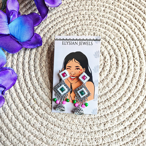 Green And Pink Kundan Oxidized Earrings