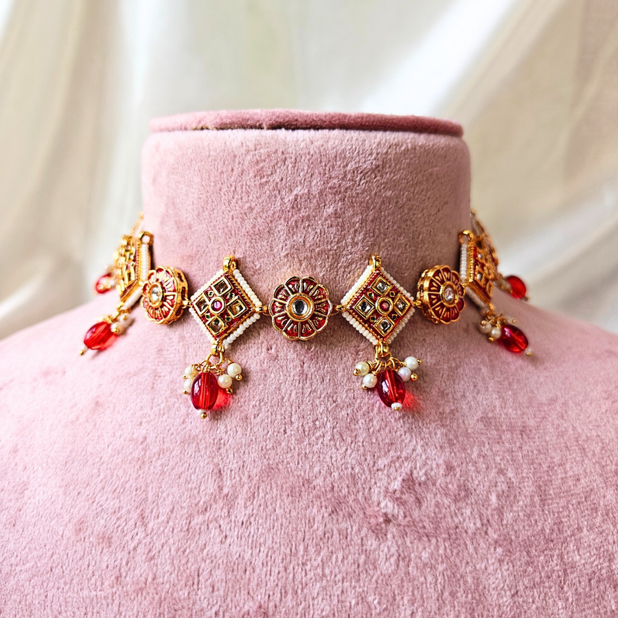 Red Beads With Red Square And Red Round Meenakari Kundan Necklace