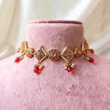 Red Beads With Red Square And Red Round Meenakari Kundan Necklace