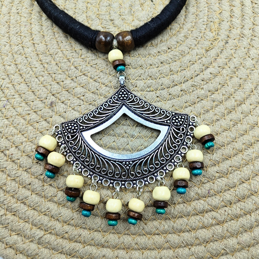 Black Cotton Thread Hasli, Wooden Beads With Oxidized Pendant Necklace