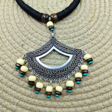 Black Cotton Thread Hasli, Wooden Beads With Oxidized Pendant Necklace