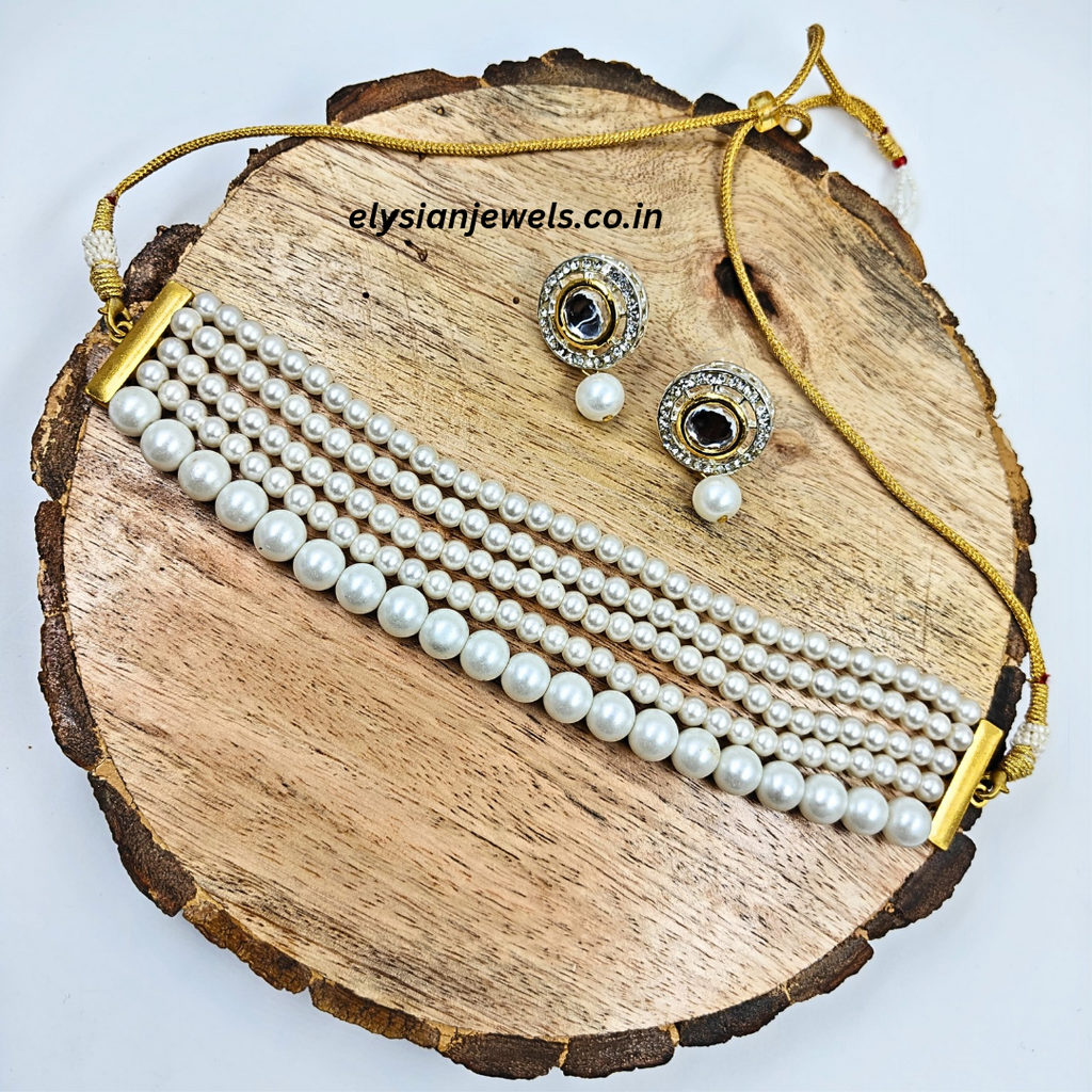 6mm & 10mm White Pearl Beads Necklace With AD Kundan Earring