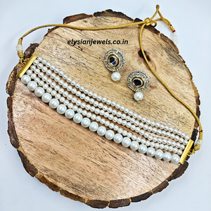 6mm & 10mm White Pearl Beads Necklace With AD Kundan Earring