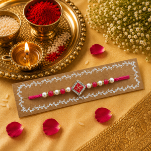 Rani Pink Thread, Pearl And Rani Pink Beads With A D Swastik Kundan Rakhi