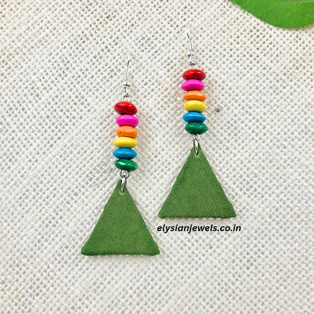 Multicolour Wooden Beads With Green Triangle Shape Fabric Earring