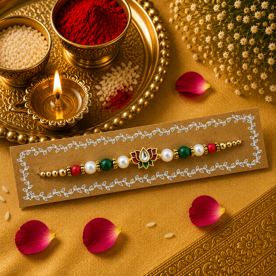 Thread, Pearl Red And Green Beads With Meenakari Lotus Kundan Rakhi
