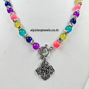 Multicolor Beads & Silver Beads With Rose Charm Oxidized Necklace
