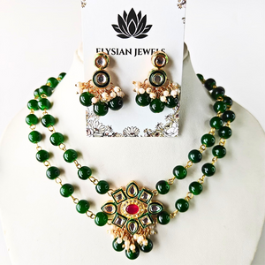 Two Layer Beads With Green Kundan Necklace