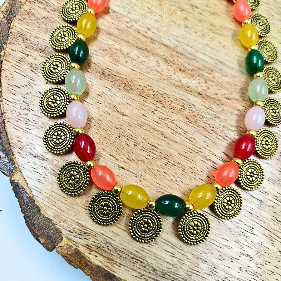 Multicolour Oval Shape Beads With Antique Charms Necklace