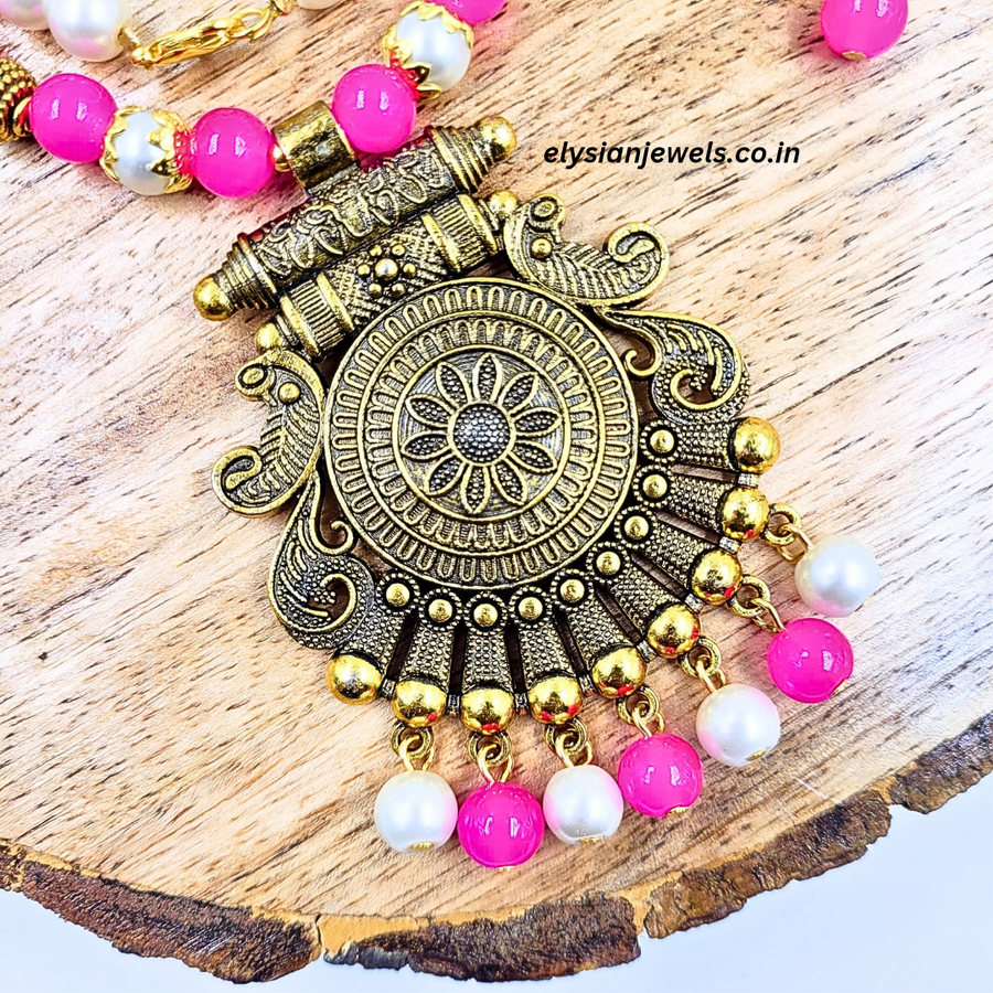 Pearl And Pink Beads With Antique Pendant Necklace