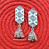 Oxidized Jhumka With White Color Printed Fabric Earring