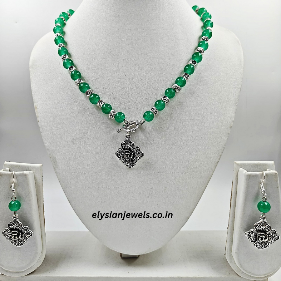 Light Green Beads & Silver Beads With Rose Charm Oxidized Necklace