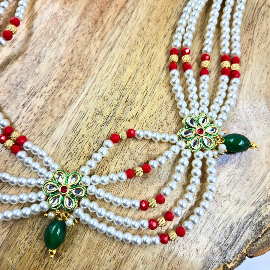 Pearls And Red Crystal With Green Flower Kundan Necklace