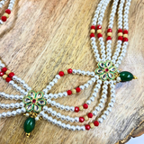 Pearls And Red Crystal With Green Flower Kundan Necklace