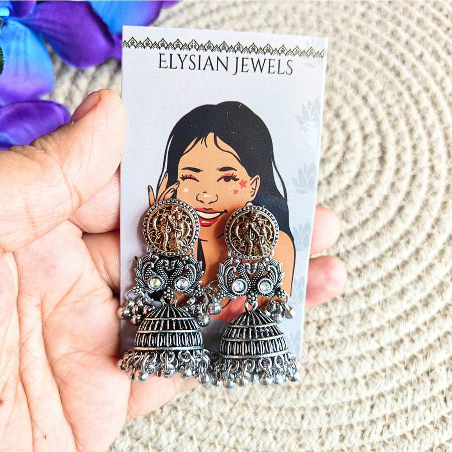 Dual Tone Stud With Oxidized Jhumka Earrings