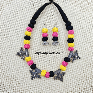 Black, Pink And Yellow Cotton Beads With German Silver Oxidized Necklace