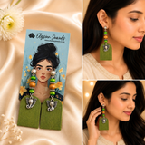 Elephant Charm, Wooden Beads With Green Fabric Earring