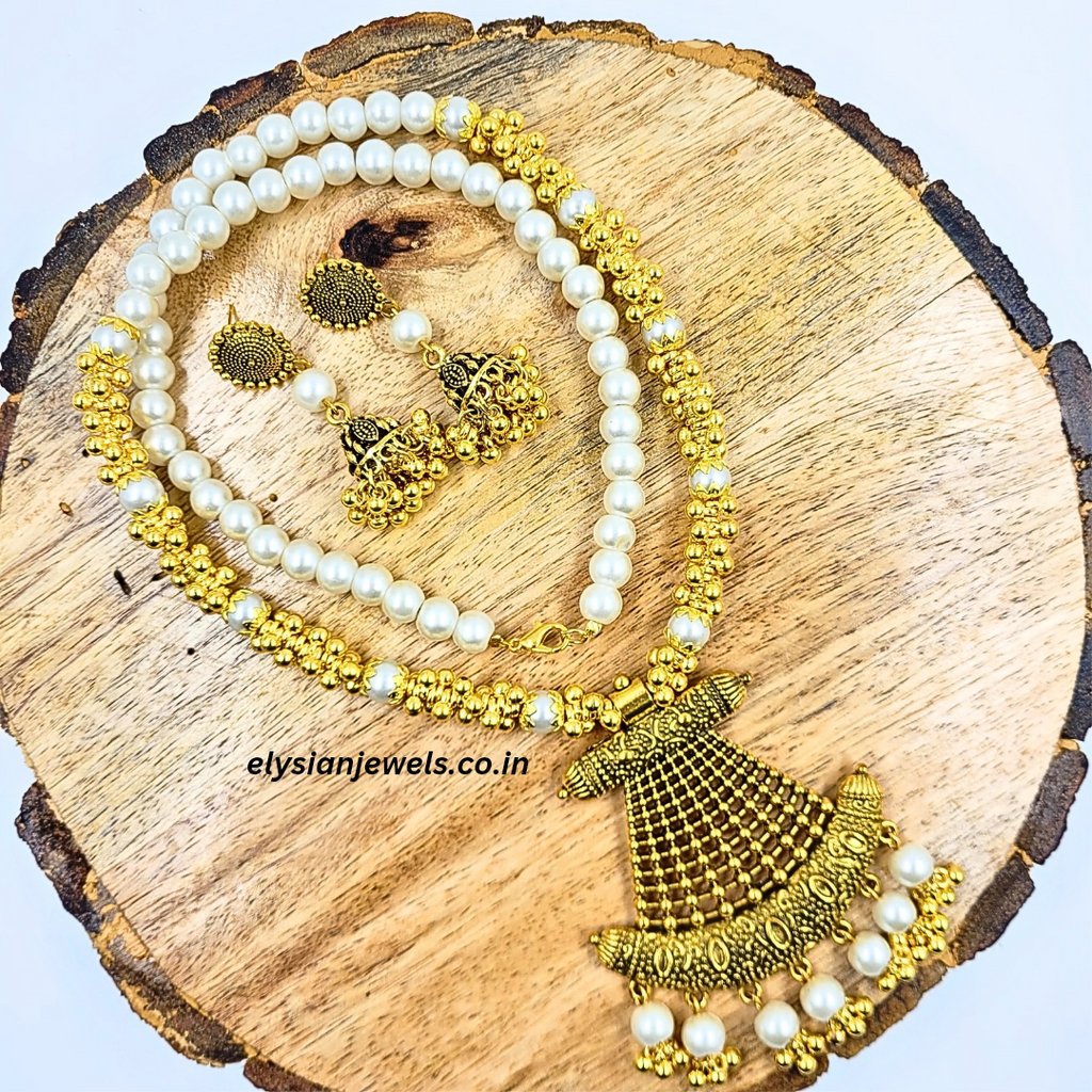 Pearl, CCB Golden Beads With Antique Pendant Necklace