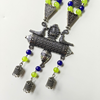 Blue, Green Beads, Oxidized Charm And Jhumka With Peacock Oxidized Pendant Necklace