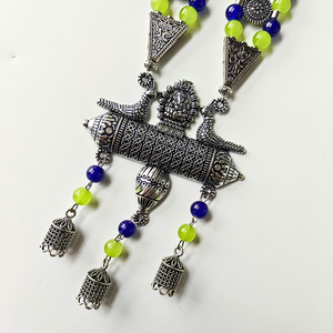 Blue, Green Beads, Oxidized Charm And Jhumka With Peacock Oxidized Pendant Necklace