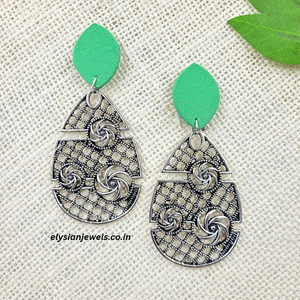 Big Flower Charm With Parrot Green Fabric Earring