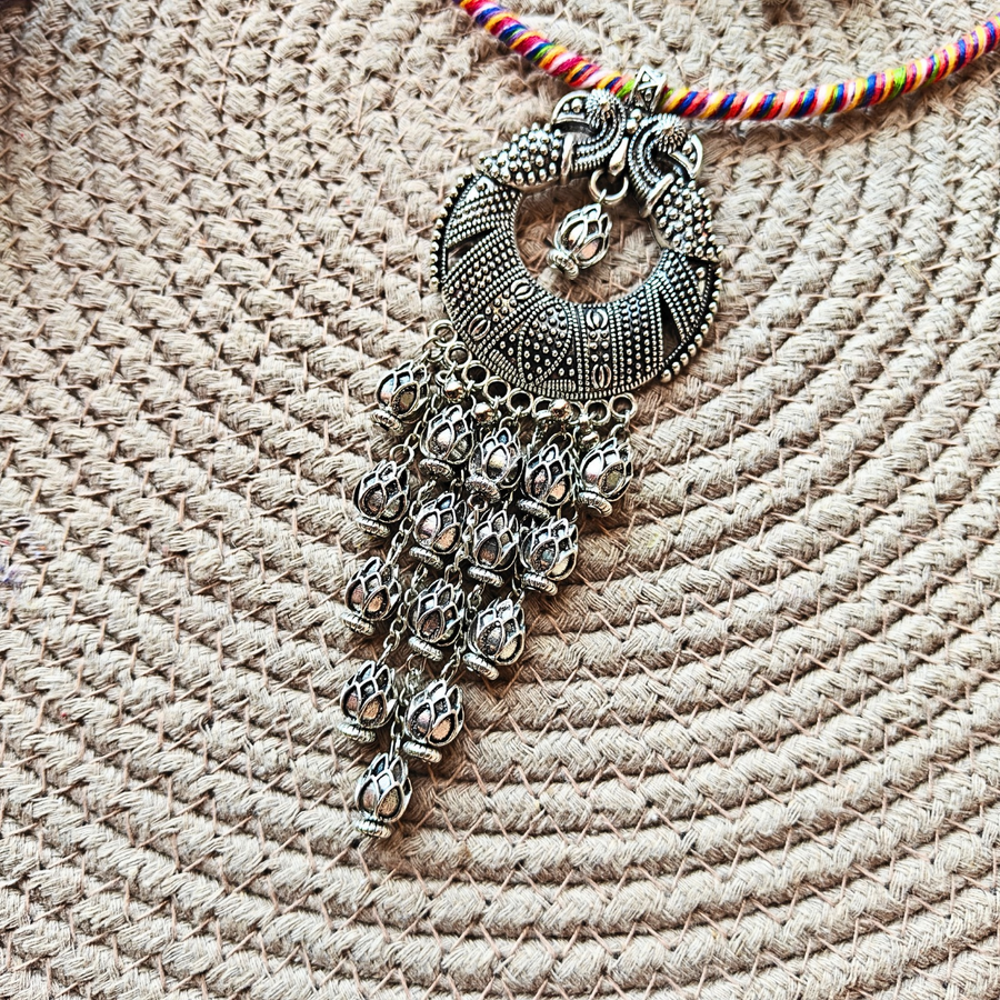 Colourful Hasli With Peacock Design Oxidized Pendant Necklace