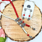 White Pearl & Red Beads With Oxidized Charms Necklace