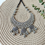 Oxidized Chand Shape Pendant, Oxidized Charms, Oxidized Jhumka With Black Cotton Dori Oxidized Necklace