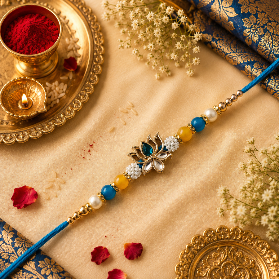 Blue Thread, Blue, Yellow And Pearl Beads With Lotus Kundan Rakhi