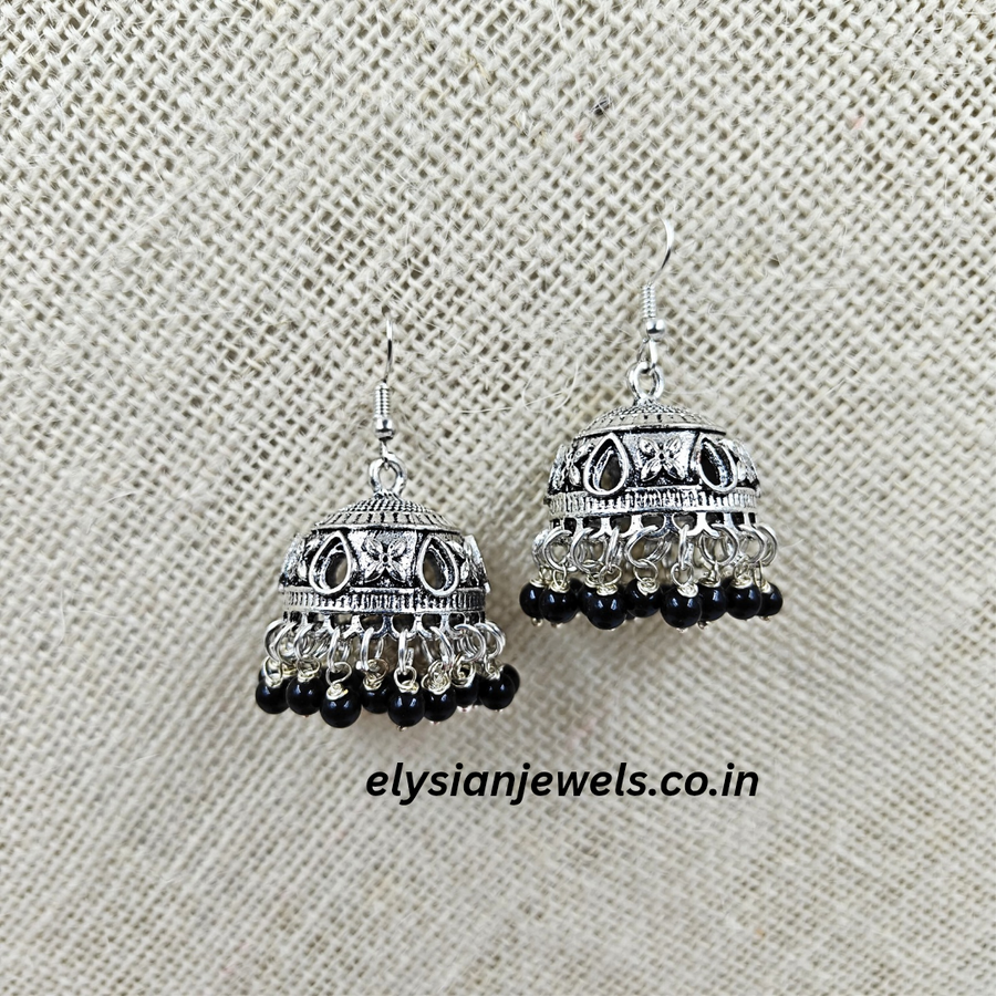 Black Small Size Beads With Oxidized Jhumka Earring
