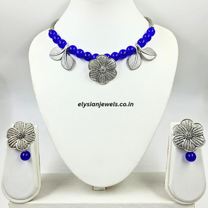 Blue Beads, Flower And Leaf Oxidized Pendant Necklace
